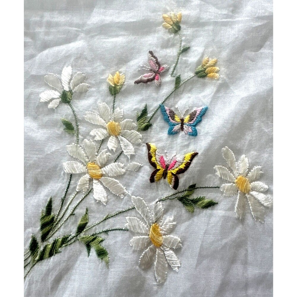 Vintage Embroidered Handkerchief Floral Butterfly White Linen Cottagecore Gift